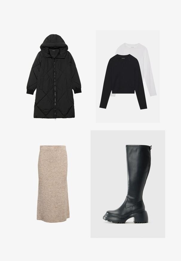 Schwarze, gesteppten Puffermantel mit Kapuze, ausgestattet mit einem Reißverschluss, seitlichen Taschen und elastischen Bündchen. Glattes, wasserabweisendes Material.; Zwei langärmelige Hemden: eines schwarz und eines weiß. Beide haben einen Rundhals, Raglanärmel und bestehen aus einem weichen Baumwollmischgewebe.; Beige Wolle Midi-Rock mit weicher Textur, elastischem Bund und gerader Silhouette, der ein dezentes meliertes Muster aufweist.; Hoher schwarzer Lederstiefel mit einer robusten Plateausohle und Blockabsatz, der über eine Zuglasche und ein strukturiertes Profil an der Außensohle verfügt.