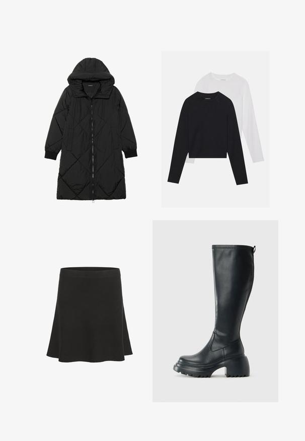 Zwarte gewatteerde pufferjas met een capuchon, voorzien van een ritssluiting, zijzakken en elastische manchetten. Glad, waterafstotend materiaal.; Twee langemouwen shirts: een zwarte en een witte. Beide hebben een ronde hals, raglanmouwen en zijn gemaakt van een zachte katoenmix.; Zwarte flared mini-rok gemaakt van zacht materiaal met een gladde textuur en een brede tailleband. Heeft een eenvoudig ontwerp zonder patronen of accenten.; Hoge zwarte leren laars met een chunky plateauzool en blokhak, voorzien van een trekband en een gestructureerd profiel op de buitenzool.