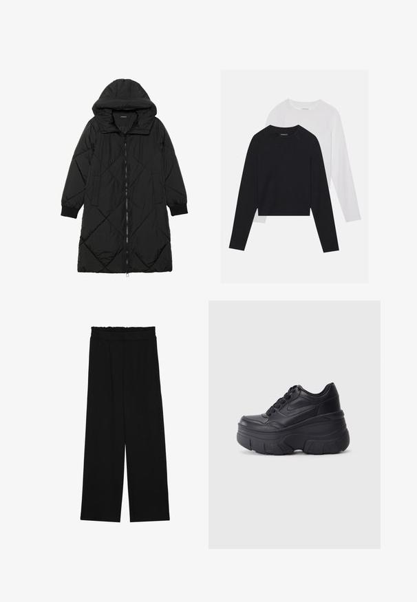 Must-havesinise mustris quiltitudis puffer jakk, millel on kapuuts, tõmblukk, küljetaskud ja elastsed varrukad. Sile, veekindel kangas.; Kaks pikade varrukatega särki: üks must ja teine valge. Mõlemal on ümar kaelus, raglanvarrukad ja pehme puuvillasegu kangas.; Mustad laiad püksid rüüstatud vöökohtadega, millel on kaks küljetaskut ja ühetaoline, kerge kangas. Ilma nähtavate mustrite või seadmeteeta.; Mustad mustaga värvi kingad, millel on paks tald, sile nahk peals, ümar nina ja eristuva kihilise platvormi disain.