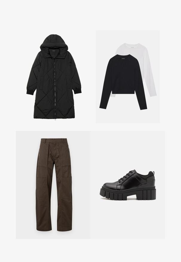 Geacă puffer neagră, matlasată, cu glugă, având închidere cu fermoar, buzunare laterale și manșete elastice. Material neted, rezistent la apă.; Două cămăși cu mâneci lungi: una neagră și una albă. Ambele au guler rotund, mâneci raglan și sunt realizate dintr-un amestec moale de bumbac.; Pantaloni cargo maro dintr-un material rezistent, cu multiple buzunare, o croială lejeră și detalii de cusătură evidente pentru durabilitate.; Pantofi cu talpă plată din piele neagră, cu toc gros, vârf rotund și design tradițional cu șireturi. Prezintă o textură netedă și detalii minime.