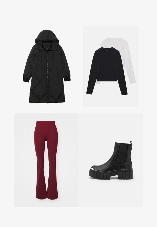 Manteau matelassé noir avec capuche, doté d'une fermeture éclair, de poches latérales et de poignets élastiques. Tissu lisse et résistant à l'eau.; Deux chemises à manches longues : une noire et une blanche. Les deux présentent un col rond, des manches raglan et un tissu doux en mélange de coton.; ICANIWILL DEFINE SEAMLESS FLARED - Leggings - burgundy; Bottines noires en cuir lisse avec des panneaux élastiques, une semelle épaisse, et un embout métallique.