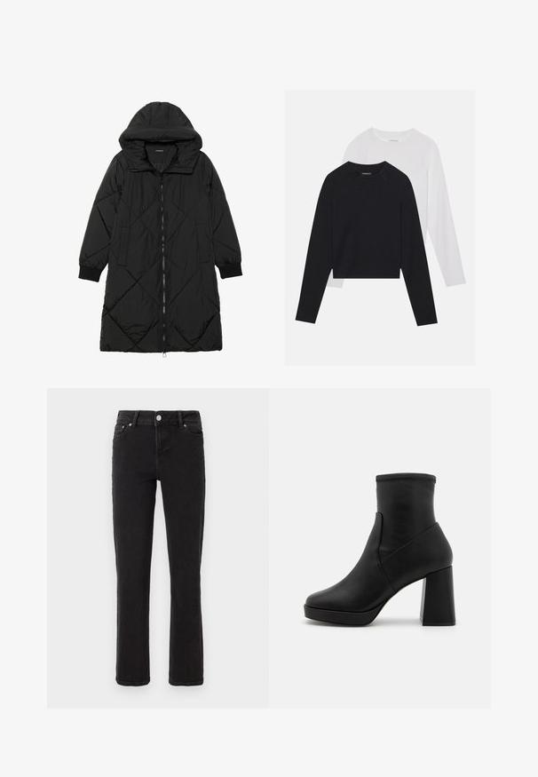 Juodas siūtais pūkų paltas su gobtuvu, turintis užtrauktuką, šonines kišenes ir elastines rankoves. Lygus, vandeniui atsparus audinys.; Du dušo ilgomis rankovėmis marškiniai: vieni juodi, kiti balti. Abu marškiniai turi apvalų iškirpimą, raglan tipo rankoves ir minkštą medvilnės mišinio audinį.; Juodos džinsinės kelnės su tiesiu kirpimu, su sidabriniu mygtuko užsegimu, priekinėmis kišenėmis ir minimaliu siūlų dekoravimu. Minkšta, tekstūrinė medžiaga.; Juodas odinis aukštas aulinukas su storu blokiniu kulnu, lygia tekstūra ir prigludusia viršutine dalimi. Savybės - vientisas dizainas be matomų užsegimų.