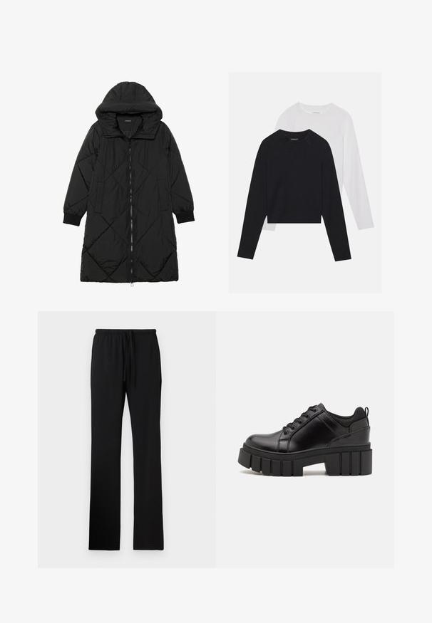 Must-havesinise mustris quiltitudis puffer jakk, millel on kapuuts, tõmblukk, küljetaskud ja elastsed varrukad. Sile, veekindel kangas.; Kaks pikade varrukatega särki: üks must ja teine valge. Mõlemal on ümar kaelus, raglanvarrukad ja pehme puuvillasegu kangas.; Mustad mustren kaunistustega dressipüksid, valmistatud pehmest kangast, elastse vöökoha ja paelaga ning ilma nähtavate taskuteta.; Must musta platvormsussid paksu plokkninal, ümmarguse varbaga ja traditsioonilise nööridega kinnitamisega. Sussid on sileda tekstuuriga ja minimaalsete detailidega.