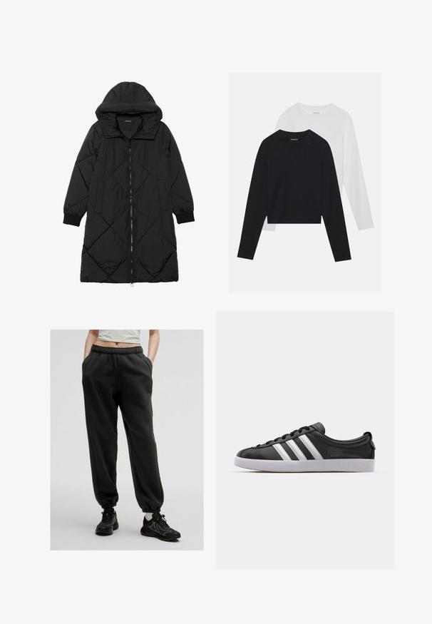 Zwarte gewatteerde pufferjas met een capuchon, voorzien van een ritssluiting, zijzakken en elastische manchetten. Glad, waterafstotend materiaal.; Twee langemouwen shirts: een zwarte en een witte. Beide hebben een ronde hals, raglanmouwen en zijn gemaakt van een zachte katoenmix.; Zwarte sweatpants met een trekkoord, zijzakken en elastische boorden. Zacht materiaal met een relaxte pasvorm, gecombineerd met gestructureerde zwarte sneakers.; Zwarte lederen sneaker met een witte drie-strepen ontwerp, ronde neus, platte witte rubberen zool en merkdetail aan de zijkant.