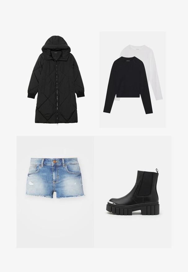 Černá prošívaná péřová bunda s kapucí, vybavená zipovým zapínáním, bočními kapsami a elastickými manžetami. Hladká, voděodolná tkanina.; Dvě dlouhé rukávy: jedno černé a jedno bílé. Obě mají kulatý výstřih, raglánové rukávy a měkkou bavlněnou směs.; Džínové šortky v světlé modré barvě s opotřebovaným vzhledem, třepeným lemem, designem s pěti kapsami a jedním knoflíkovým zapínáním vpředu.; Černé kotníkové boty z hladké kůže s elastickými panely, silným platformovým sálem a kovovým špičkou.
