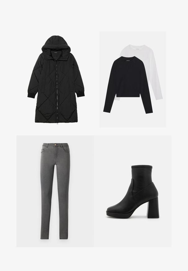 Crna tkanina sa štepom puffer kaput s kapuljačom, sa zatvaračem na zip, bočnim džepovima i elastičnim manžetama. Glatka, vodootporna tkanina.; Dvije majice dugih rukava: jedna crna i jedna bijela. Obje imaju okrugli izrez, raglan rukave i mekani pamuk korišten za izradu.; Sive traperice uskog kroja s pet džepova i metalnim gumbom za zatvaranje na struku.; Crna kožna čizma do gležnja s visokim blok petom, glatke teksture i uskog gornjeg dijela. Ima bezšavni dizajn bez vidljivih kopči.