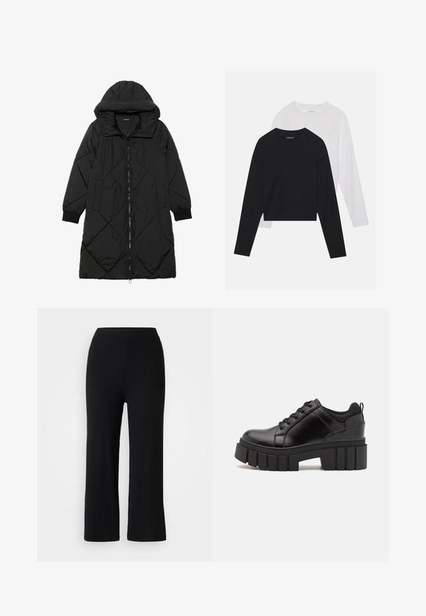 Svart vadderad jacka med huva, med dragkedja, sidofickor och elastiska ärmslut. Slät, vattenavvisande tyg.; Två långärmade skjortor: en svart och en vit. Båda har rund halsringning, raglanärmar och är tillverkade av en mjuk bomullsblandning.; Svarta ribbade vida byxor med elastisk midja, i ett strukturerat tyg och rak skärning, lämpliga för vardagsbruk.; Svarta läderplattformsskor med en kraftig blockklack, rund tå och traditionell snörningsdesign. Har en slät textur och minimal detaljering.
