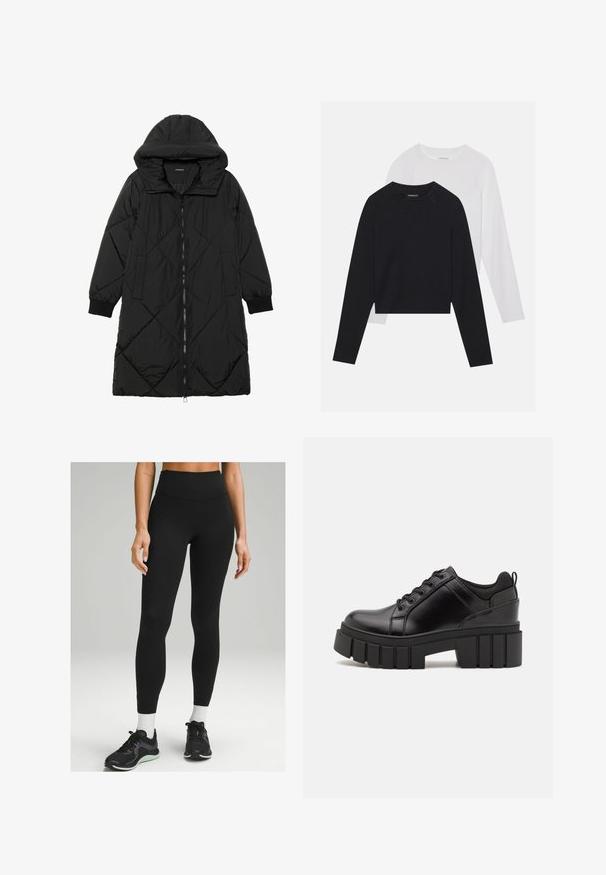 Musta tikattu puhvittakki hupulla, jossa on vetoketjukiinnitys, sivutaskut ja elastiset hihansuut. Sujuva, vettä hylkivä kangas.; Kaksi pitkähihasta paitaa: yksi musta ja yksi valkoinen. Molemmissa on pyöreä kaula-aukko, raglan-hihat ja pehmeä puuvillasekoitekangas.; Mustat korkeavyötäröiset legginsit, jotka on valmistettu joustavasta materiaalista. Niissä on tyylikäs muotoilu, sileä pinta ja hienovaraiset sivuyksityiskohdat. Yhdistetty mustiin urheilukenkään.; Mustat nahkakengät, joissa on lättihenkinen korko, pyöreä kärki ja perinteinen nauhakiinnitys. Ominaisuuksiin kuuluu sileä pintakuvio ja minimaalinen yksityiskohtaisuus.