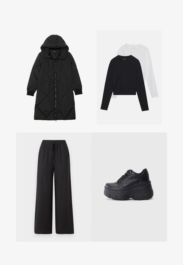 Melnas quiltētas pūkara mētelis ar kapuci, ar rāvējslēdzēja aizdari, sānu kabatām un elastīgām aprocēm. Gluda, ūdensizturīga auduma.; Divas garām piedurknēm krekli: viens melns un viens balts. Abiem ir apaļa izgriezne, raglanu piedurknes un mīksta kokvilnas maisījuma audums.; Melnas plašas bikses, izgatavotas no mīkstas, vieglas materiāla. Tām ir elastīga josta ar auklu un sānu kabatām.; Melni šņorējami sporta apavi ar biezu zoli, ar gludu ādas augšdaļu, noapaļotu purngalu un izteiktu slāņveida platformas dizainu.