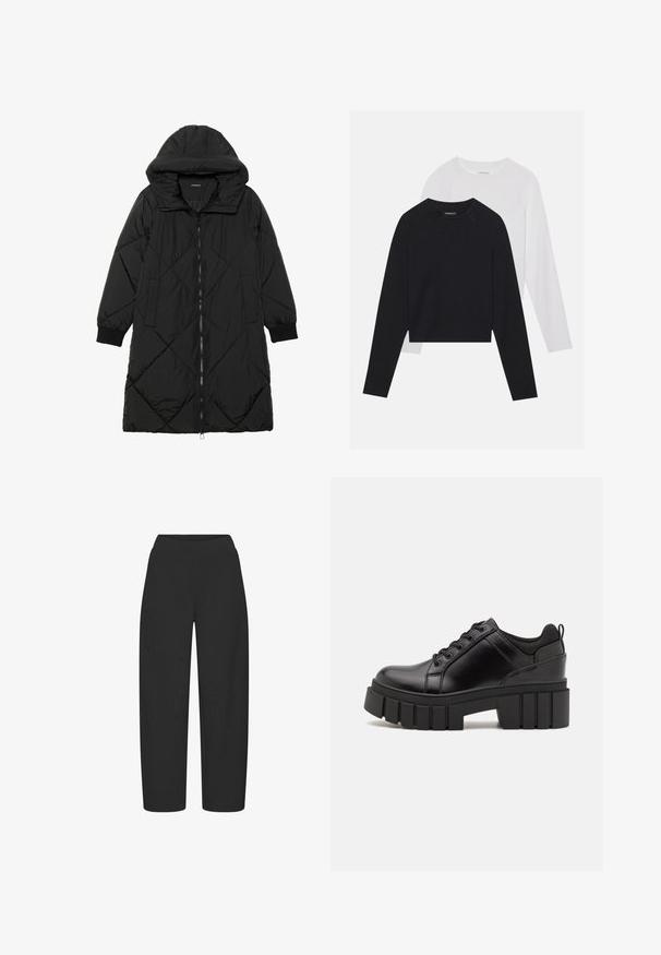 Must-havesinise mustris quiltitudis puffer jakk, millel on kapuuts, tõmblukk, küljetaskud ja elastsed varrukad. Sile, veekindel kangas.; Kaks pikade varrukatega särki: üks must ja teine valge. Mõlemal on ümar kaelus, raglanvarrukad ja pehme puuvillasegu kangas.; Mustad laiad püksid, mis on valmistatud siledast, venivast kangast. Tootel on kõrge vöökoht ja nähtavad riistvara või mustrid puuduvad.; Must musta platvormsussid paksu plokkninal, ümmarguse varbaga ja traditsioonilise nööridega kinnitamisega. Sussid on sileda tekstuuriga ja minimaalsete detailidega.