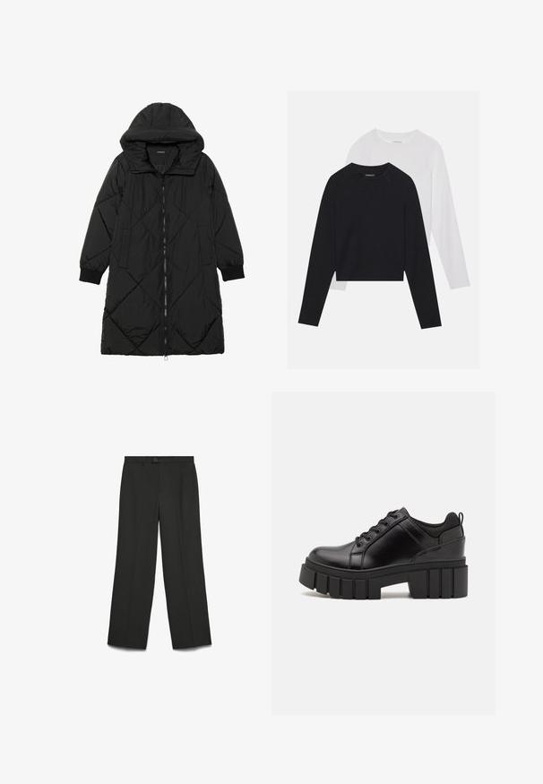 Μαύρο πλεκτό μπουφάν με κουκούλα, που διαθέτει κλείσιμο με φερμουάρ, πλαϊνές τσέπες και ελαστικούς καρπούς. Λείο, αδιάβροχο ύφασμα.; Δύο μακρυμάνικες μπλούζες: μία μαύρη και μία λευκή. Και οι δύο διαθέτουν στρογγυλή λαιμόκοψη, ράγκελαν μανίκια και απαλή σύνθεση από βαμβάκι.; Μαύρο παντελόνι με φαρδιά πόδια, κατασκευασμένο από λείο ύφασμα. Διαθέτει κλείσιμο με κουμπί, επίπεδο μπροστινό μέρος και δύο πλαϊνές τσέπες. Ραμμένο σχέδιο χωρίς μοτίβα.; Μαύρα δερμάτινα παπούτσια πλατφόρμας με παχύ μπλοκ τακούνι, στρογγυλή μύτη και παραδοσιακό σχέδιο δέσιμο. Διαθέτουν λεία υφή και ελάχιστες λεπτομέρειες.