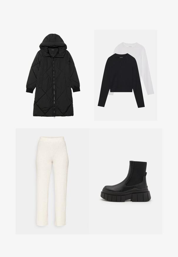 Sort quiltet pufferjakke med hætte, med lynlåslukning, sidelommer og elastiske manchetter. Glat, vandafvisende stof.; To lange langærmede skjorter: en sort og en hvid. Begge har en rund halsudskæring, raglanærmer og et blødt bomuldsblandingsstof.; Cremefarvede ribbede bukser med en tætsiddende talje og lige ben, fremstillet af et blødt, tekstureret stof. Ingen synlige mønstre eller accenter.; Sorte ankelstøvler lavet af glat læder med elastiske sidelæster, en kraftig platåsål og et struktureret dækmønster.