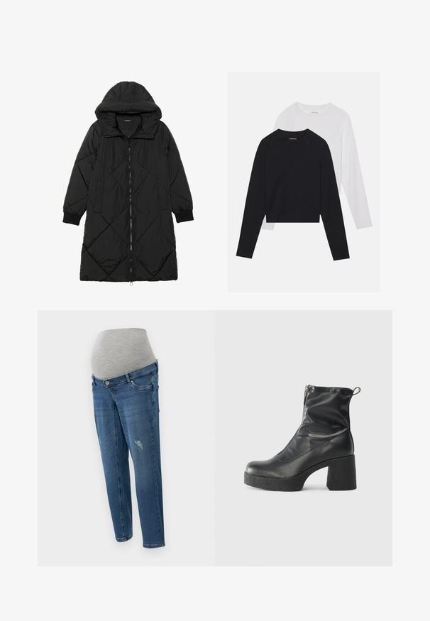 Svart quiltet puffjakke med hette, med glidelås, sidelommer og elastiske mansjetter. Glatt, vannavvisende stoff.; To lange ermerte skjorter: en svart og en hvit. Begge har rund hals, raglanermer og er laget av en myk bomullsblanding.; Graviditetsjeans i middels vaskeblå denim. Har en grå elastisk midjebånd, fem lommer og lette slitasjedetaljer foran.; Svarte ankelstøvler laget av glatt lær, med glidelås på siden, chunky strukturert hæl, og rund tå-design.