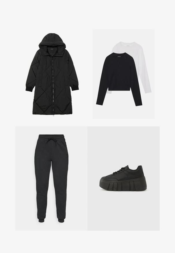 Zwarte gewatteerde pufferjas met een capuchon, voorzien van een ritssluiting, zijzakken en elastische manchetten. Glad, waterafstotend materiaal.; Twee langemouwen shirts: een zwarte en een witte. Beide hebben een ronde hals, raglanmouwen en zijn gemaakt van een zachte katoenmix.; Zwarte sweatpants van een zachte katoenmix, met een elastische tailleband met trekkoord, enkelboorden en subtiele zijbranding.; Zwarte platform sneakers met een glad bovenwerk van synthetisch materiaal, een ronde neus, vetersluiting en een dikke, geribbelde zool voor extra lengte.