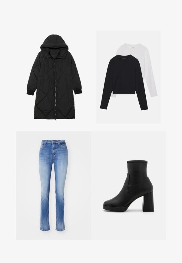 Crna tkanina sa štepom puffer kaput s kapuljačom, sa zatvaračem na zip, bočnim džepovima i elastičnim manžetama. Glatka, vodootporna tkanina.; Dvije majice dugih rukava: jedna crna i jedna bijela. Obje imaju okrugli izrez, raglan rukave i mekani pamuk korišten za izradu.; Svijetloplave traperice s ravnim nogavicama, s izblijedjelim pranjem, standardnim pet džepnim stilom te zatvaranjem na zip i gumb.; Crna kožna čizma do gležnja s visokim blok petom, glatke teksture i uskog gornjeg dijela. Ima bezšavni dizajn bez vidljivih kopči.