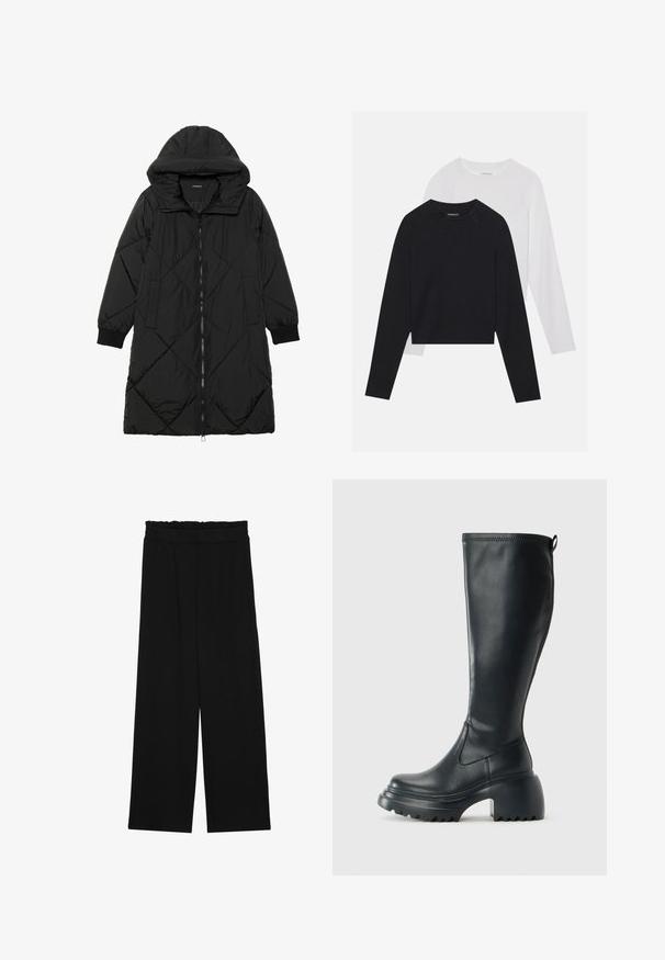 Čierna prešívaná páperová bunda s kapucňou, so zipsom, bočnými vreckami a elastickými manžetami. Hladká, vodeodolná tkanina.; Dvoje tričiek s dlhým rukávom: jedno čierne a jedno biele. Obe majú okrúhly výstrih, raglánové rukávy a mäkkú zmes bavlny.; Čierne široké nohavice s volánovým pásom, obsahujúce dve bočné vrecká a hladký, ľahký materiál. Žiadne viditeľné vzory ani kovové príslušenstvo.; Vysoká čierna kožená čižma s masívnou platformou a blokovým podpätkom, s praktickým pútkom a textúrovaným vzorom na podošve.