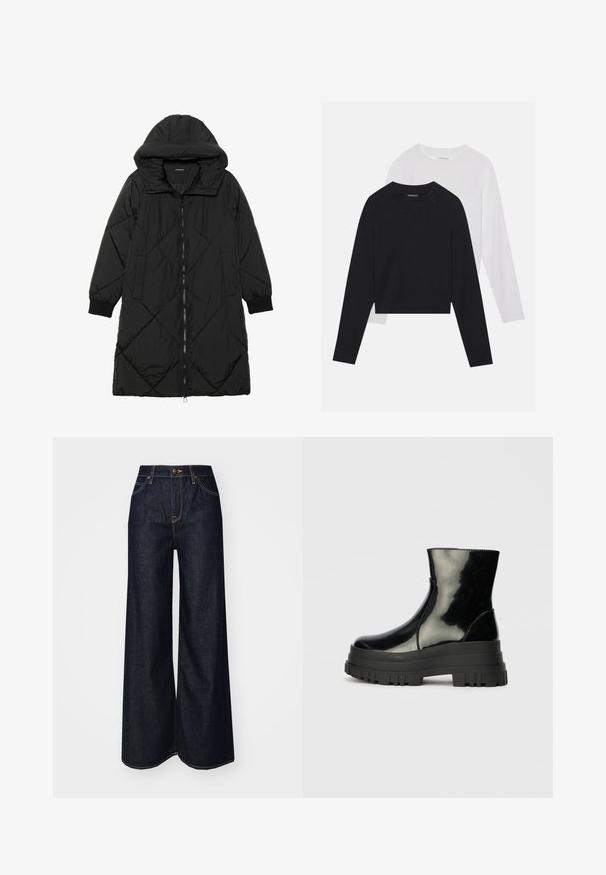 Zwarte gewatteerde pufferjas met een capuchon, voorzien van een ritssluiting, zijzakken en elastische manchetten. Glad, waterafstotend materiaal.; Twee langemouwen shirts: een zwarte en een witte. Beide hebben een ronde hals, raglanmouwen en zijn gemaakt van een zachte katoenmix.; Lee STELLA - Relaxed fit jeans - dark beat; Zwarte glanzende enkelboot met dikke profielzool en ronde neus, zijaanzicht op een effen lichtgrijze achtergrond.