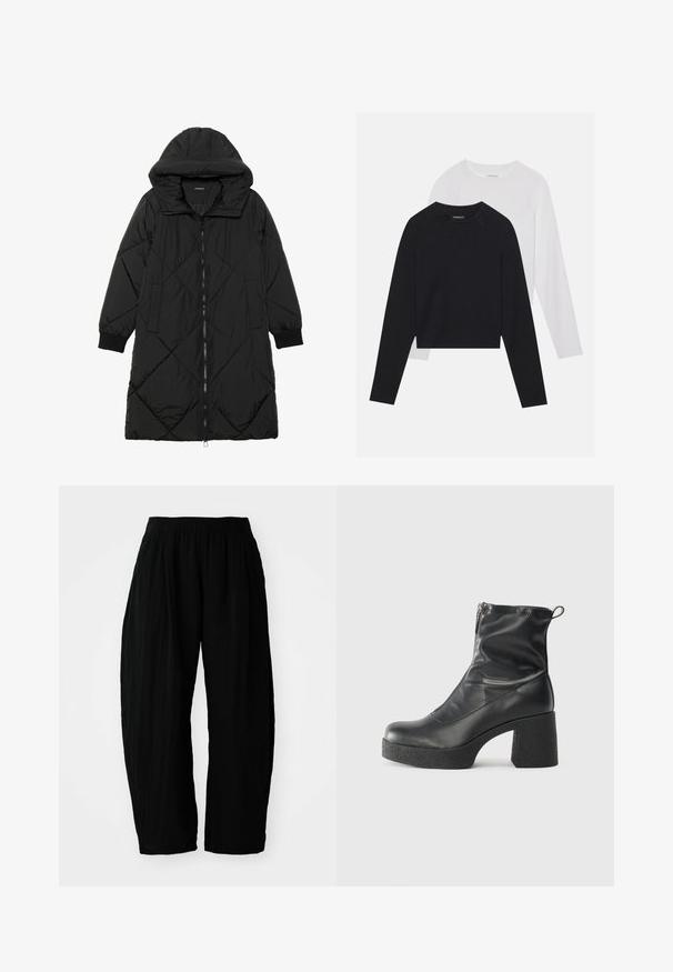 Casaco puffer acolchoado preto com capuz, apresentando um fecho de correr, bolsos laterais e punhos elásticos. Tecido suave e à prova d'água.; Duas camisas de manga longa: uma preta e uma branca. Ambas apresentam um decote redondo, mangas raglan e um tecido macio em mistura de algodão.; GAP WIDE LEG EASY PANT GAUZE - Calças - basic black; Botas de tornozelo pretas feitas de couro liso, com fecho lateral, salto grosso texturizado e design de bico arredondado.