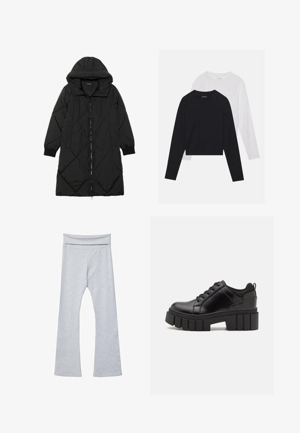 Crna tkanina sa štepom puffer kaput s kapuljačom, sa zatvaračem na zip, bočnim džepovima i elastičnim manžetama. Glatka, vodootporna tkanina.; Dvije majice dugih rukava: jedna crna i jedna bijela. Obje imaju okrugli izrez, raglan rukave i mekani pamuk korišten za izradu.; Sive flare tajice s širokim, mekim pojasom, napravljene od glatkog, rastezljivog materijala. Imaju prilagođeni oblik i dužinu do gležnjeva.; Crne kožne platforme s debelim blok-peta, okruglim prstima i klasičnim dizajnom vezanja. Imaju gladak tekstur i minimalne detalje.