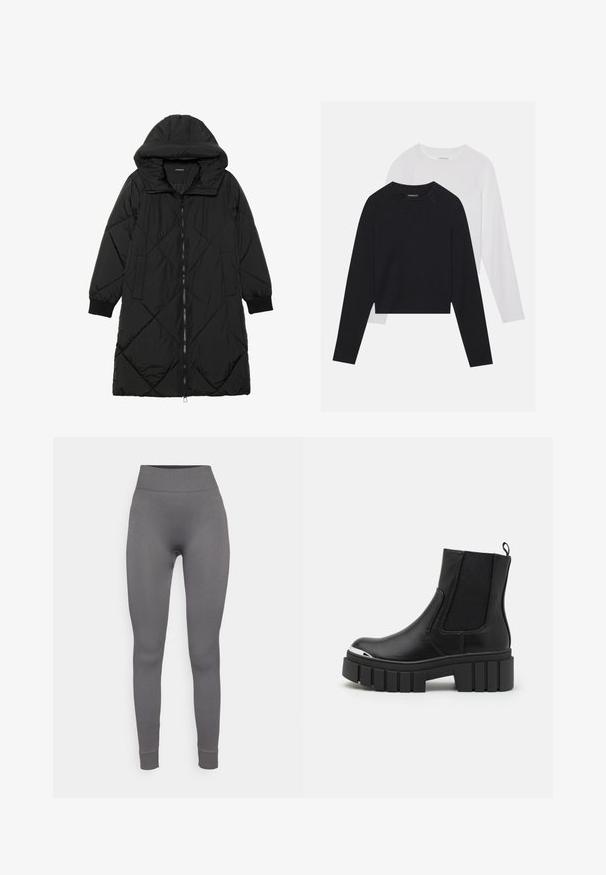 Black quilted puffer coat with a hood, featuring a zip closure, side pockets, and elastic cuffs. Smooth, water-resistant fabric.; Two long-sleeved shirts: one black and one white. Both feature a crew neck, raglan sleeves, and a soft cotton blend fabric.; Gray ribbed leggings with a high waistband, fitted shape, and cuffed ankles; made of stretchy material for comfort and ease of movement.; Black ankle boots made of smooth leather with elastic panels, a thick platform sole, and a metallic toe cap.