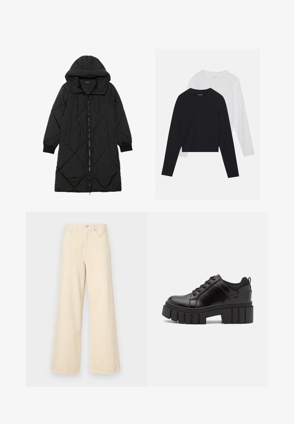 Fekete steppelt pufi kabát kapucnival, cipzáras záródással, oldalsó zsebekkel és elasztikus mandzsettákkal. Simább, vízlepergető anyag.; Két hosszúujjú póló: az egyik fekete, a másik fehér. Mindkettő kerek nyakú, raglán ujjal és puha pamutkeverék anyaggal készült.; Bézs, széles lábú farmernadrág, pamutból készült. Gombos záródással, övhurkokkal és elülső zsebekkel rendelkezik, sima, puha tapintással.; Fekete bőr platform cipők vaskos blokk sarkakkal, kerek orral és hagyományos fűzős kialakítással. Simára csiszolt felület és minimális részletezés jellemzi.