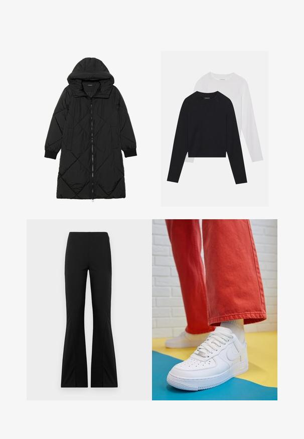 Casaco puffer acolchoado preto com capuz, apresentando um fecho de correr, bolsos laterais e punhos elásticos. Tecido suave e à prova d'água.; Duas camisas de manga longa: uma preta e uma branca. Ambas apresentam um decote redondo, mangas raglan e um tecido macio em mistura de algodão.; Calças pretas largas feitas de tecido elástico, com uma textura suave, ajuste feito à medida e um design de bainha dividida.; Sapatilha de couro branca com biqueira perfurada, sola texturizada e atacadores brancos, combinada com calças largas vermelhas e um fundo azul e amarelo.