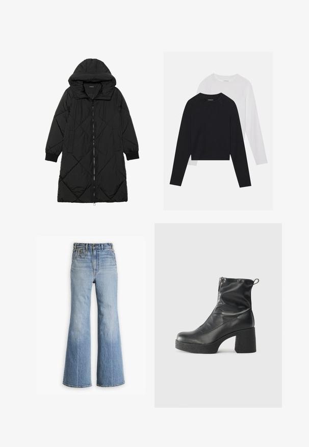 Casaco puffer acolchoado preto com capuz, apresentando um fecho de correr, bolsos laterais e punhos elásticos. Tecido suave e à prova d'água.; Duas camisas de manga longa: uma preta e uma branca. Ambas apresentam um decote redondo, mangas raglan e um tecido macio em mistura de algodão.; Jeans de ganga azul claro, com corte flare e cintura alta, apresentando fecho com botão e zip, bolso frontal e bainha desfiada na parte inferior.; Botas de tornozelo pretas feitas de couro liso, com fecho lateral, salto grosso texturizado e design de bico arredondado.