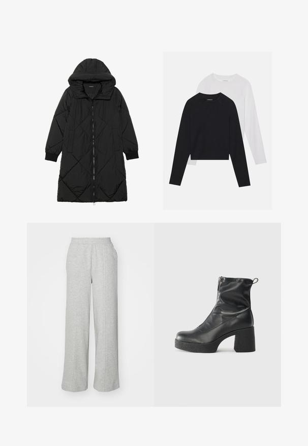 Schwarze, gesteppten Puffermantel mit Kapuze, ausgestattet mit einem Reißverschluss, seitlichen Taschen und elastischen Bündchen. Glattes, wasserabweisendes Material.; Zwei langärmelige Hemden: eines schwarz und eines weiß. Beide haben einen Rundhals, Raglanärmel und bestehen aus einem weichen Baumwollmischgewebe.; Graue Jogginghose aus weichem Stoff, mit weitem Bein, elastischem Taillenzug und Seitentaschen. Schlichtes und lässiges Erscheinungsbild.; Schwarze Stiefeletten aus glattem Leder mit seitlichem Reißverschluss, klobigem strukturiertem Absatz und runder Zehenform.