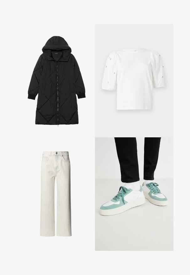Abrigo acolchado negro con capucha, que cuenta con cierre de cremallera, bolsillos laterales y puños elásticos. Fabricado con un tejido liso y resistente al agua.; Camiseta de algodón blanca con mangas cortas tipo globo, que presenta pequeños adornos plateados en las mangas. Cuello redondo clásico, corte holgado.; Pantalones de pierna ancha de color claro con rayas verticales, fabricados en tela de algodón. Cuenta con una cinturilla abotonada y trabillas.; Zapatillas de deporte en verde menta claro y blanco, con materiales de ante y malla, que presentan una suela texturizada y cordones a juego. Con detalles perforados.