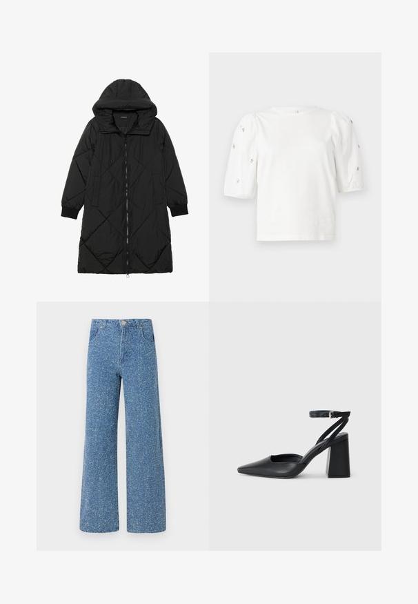 Crna tkanina sa štepom puffer kaput s kapuljačom, sa zatvaračem na zip, bočnim džepovima i elastičnim manžetama. Glatka, vodootporna tkanina.; Bijela pamučna majica s kratkim puf rukavima, s malim srebrnim ukrasima duž rukava. Klasičan okrugli izrez, opušteni kroj.; Plave traperice širokih nogavica s točkastom teksturom, sa prednjim zatvaračem na gumb, petljama za remen i dva prednja džepa.; Crne kožne cipele s špicastim vrhom, remenom oko gležnja i debelim potplatom. Ravna tekstura, elegantan dizajn i minimalistička estetika.