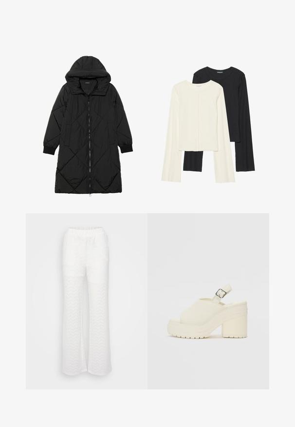 Čierna prešívaná páperová bunda s kapucňou, so zipsom, bočnými vreckami a elastickými manžetami. Hladká, vodeodolná tkanina.; Súprava dvoch dlhých rukávov v bielej a čiernej farbe. Žebrovaná textúra, okrúhly výstrih, priliehavý strih s mierne rozšírenými rukávmi.; Biele nohavice so rozšíreným strihom, s jemným šikmým vzorom, elastickým pásom a ľahkým textúrovaným materiálom.; Biele platformové topánky s otvorenou špičkou a popruhom na päte. Vyrobené z textúrovaného materiálu, s hrubou podrážkou a protišmykovým vzorom.