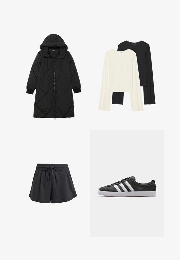 Must-havesinise mustris quiltitudis puffer jakk, millel on kapuuts, tõmblukk, küljetaskud ja elastsed varrukad. Sile, veekindel kangas.; Kaksik Eri pikkusega valge ja musta värvi pikkade varrukatega topsi. Ribikstruktuur, ümar kaelus, lihav disain, veidi laienevate varrukatega.; Mustad mustika spordishortsid elastse vöökoha, seesmise nööriga ja külje lõigetega. Valmistatud sileda, kergest kangast.; Mustast nahast tennisekingad valge kolme triibu kujundusega, ümar nina, lame valge kummist tallaga ja bränditud detail küljes.
