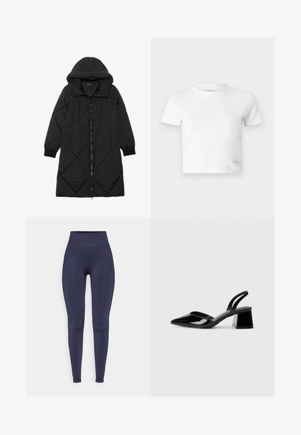 Černá prošívaná péřová bunda s kapucí, vybavená zipovým zapínáním, bočními kapsami a elastickými manžetami. Hladká, voděodolná tkanina.; Bílý zkrácený tričko z hladké bavlny, s vysokým výstřihem a krátkými rukávy. Malá vyšitá logo v dolním rohu.; Námořnické modré legíny s vysokým pasem, vyrobené z hladkého, elastického materiálu. Přiléhavý design, který se zužuje u kotníků, bez vzorů.; Černé lakované kožené lodičky na pásku s špičatou špičkou a geometrickým blokovým podpatkem. Vyznačují se elegantním, minimalistickým designem a hladkým povrchem.