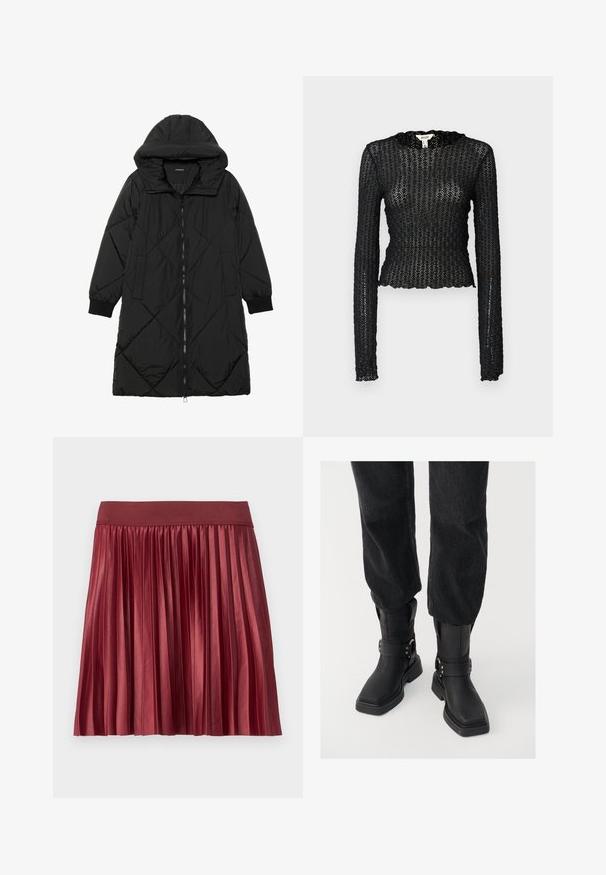 Fekete steppelt pufi kabát kapucnival, cipzáras záródással, oldalsó zsebekkel és elasztikus mandzsettákkal. Simább, vízlepergető anyag.; Fekete, hosszú ujjú felső textúrált csipkéből, fodros dekoltázzsal és testhez simuló, rövid szabással.; Ráncos szoknya fényes, bordó szövetből, széles, elasztikus derékkal. Hossza térd felett van, és függőleges ráncokkal rendelkezik.; Fekete bőr bokacsizmák négyzet alakú orral, széles pánttal és fém csattal. A csizmák vastag talppal és sima felülettel rendelkeznek.