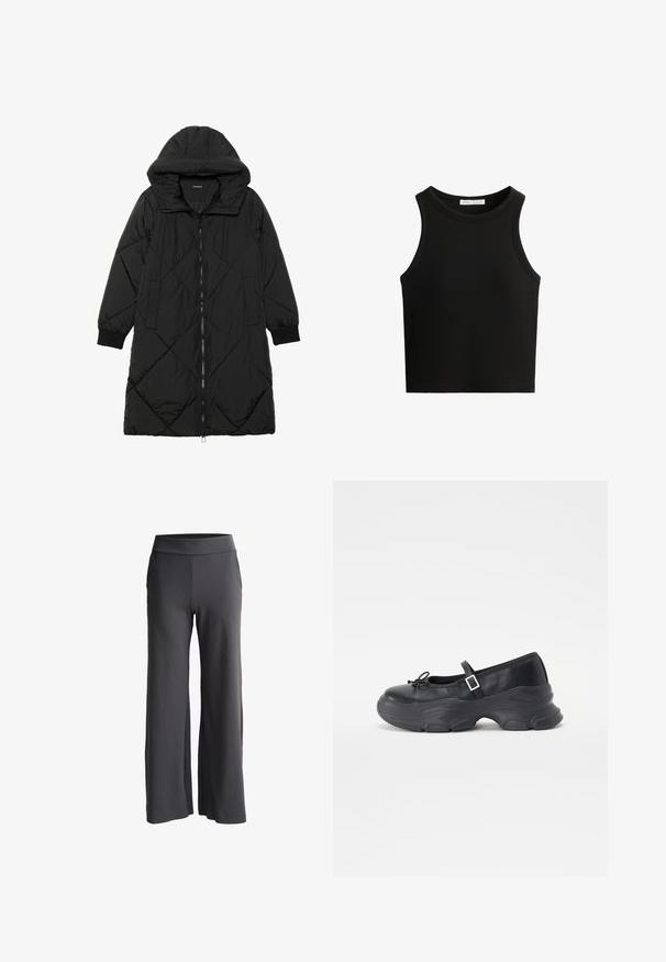 Zwarte gewatteerde pufferjas met een capuchon, voorzien van een ritssluiting, zijzakken en elastische manchetten. Glad, waterafstotend materiaal.; Zwart geribbeld topje, met een ronde halslijn en brede armsgaten. Het materiaal lijkt zacht met een getailleerd ontwerp.; Wijdvallende broek van donkergrijze stof met een zachte textuur. Voorzien van een hoge elastische tailleband en zijzakken voor extra functionaliteit.; Zwarte leren Mary Jane-schoen met een ronde neus, strikdetails en een verstelbare enkelband. Beschikt over een chunky rubberen zool met gebogen accenten.