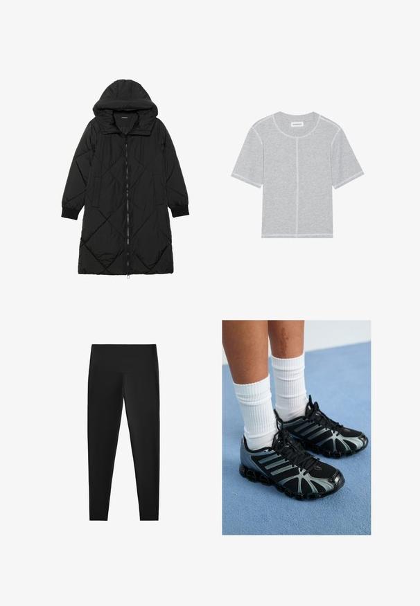 Cappotto imbottito nero trapuntato con cappuccio, caratterizzato da chiusura con zip, tasche laterali e polsini elastici. Tessuto liscio e resistente all'acqua.; T-shirt in cotone grigio con maniche corte, scollatura rotonda e cuciture bianche a contrasto lungo le cuciture e gli orli. Design semplice e privo di ornamenti.; Leggings neri a vita alta, realizzati in materiale elasticizzato. Texture liscia e design aderente per un'indossabilità comoda. Senza motivi visibili o accessori.; Scarpe sportive nere con accenti grigi e pannelli in rete, dotate di una suola testurizzata e lacci neri, abbinate a calzini bianchi a coste.