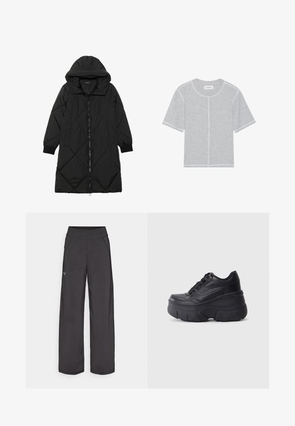 Zwarte gewatteerde pufferjas met een capuchon, voorzien van een ritssluiting, zijzakken en elastische manchetten. Glad, waterafstotend materiaal.; Grijze katoenen t-shirt met korte mouwen, ronde halslijn en contrasterende witte stiksels langs de naden en zomen. Eenvoudig, ongecompliceerd ontwerp.; Zwarte sportbroek met een brede tailleband, zijzakken en platte naden. Bevat een klein logo op het linkerbeen. Gemaakt van gladde, rekbare stof.; Zwarte vetersneakers met een dikke zool, voorzien van een bovenwerk van soepel leer, een ronde neus en een herkenbaar gelaagd platformontwerp.