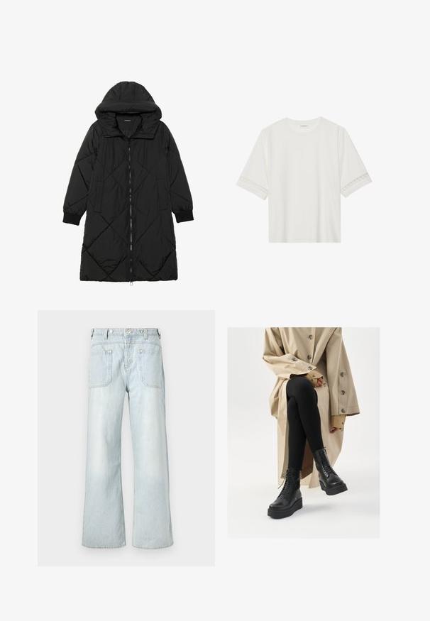 Fekete steppelt pufi kabát kapucnival, cipzáras záródással, oldalsó zsebekkel és elasztikus mandzsettákkal. Simább, vízlepergető anyag.; Fehér, rövid ujjas póló, pamutból készült, díszes csipkés szegéllyel az ujjak mentén és kerek nyakkivágással.; Világos kék farmer széles szárú nadrág, magas derekú, két hátsó zsebbel és enyhe kopással, sárga varrási részletekkel.; Fekete bőr bokacsizmák fűzős részletekkel, megemelt platform talppal, és textúrált fekete leggingsszel, világos bézs trench kabát mellett viselve.