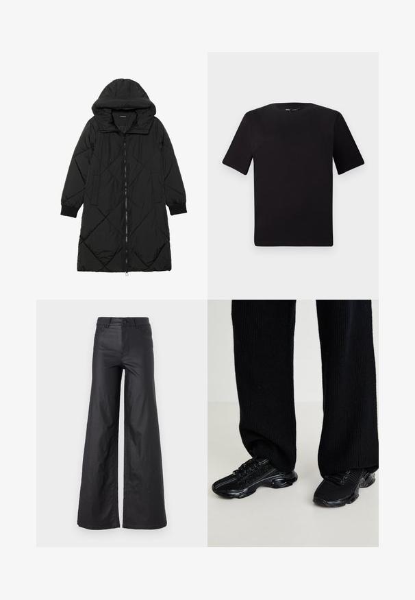 Μαύρο πλεκτό μπουφάν με κουκούλα, που διαθέτει κλείσιμο με φερμουάρ, πλαϊνές τσέπες και ελαστικούς καρπούς. Λείο, αδιάβροχο ύφασμα.; Μαύρο κοντομάνικο μπλουζάκι με στρογγυλή λαιμόκοψη, κατασκευασμένο από απαλό βαμβακερό ύφασμα. Απλός σχεδιασμός, χωρίς ορατά λογότυπα ή μοτίβα.; Μαύρο παντελόνι φαρδιάς γραμμής σε υλικό με faux δερματίνη. Διαθέτει ψηλή μέση, θηλιές ζώνης, δύο μπροστινές τσέπες και ραφές λεπτομέρειας.; Μαύρα sneakers με υφή πλεκτού, κομψό σχήμα και γυαλιστερή μαύρη σόλα, διαθέτοντας λεπτές ανακλαστικές λεπτομέρειες και σχέδιο με κορδόνια.