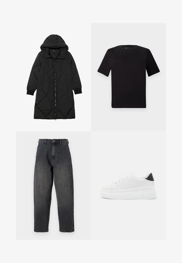 Juodas siūtais pūkų paltas su gobtuvu, turintis užtrauktuką, šonines kišenes ir elastines rankoves. Lygus, vandeniui atsparus audinys.; Juodas trumpas rankovės marškinėlis su apvaliu iškirpimu, pagamintas iš minkštos medvilnės medžiagos. Paprastas dizainas, be matomų logotipų ar raštų.; Juodos džinsinės kelnės su laisva siluetu, penkių kišenių dizainu ir mygtuko uždarymu, turinčios blukintą finišą ir tiesią sijoną.; Balti platforminiai sportbačiai, pagaminti iš lygios sintetinio audinio, su apvaliu pirštu, raištelių užsegimu ir tekstūruota guma padanga. Juodas kulno akcentas.