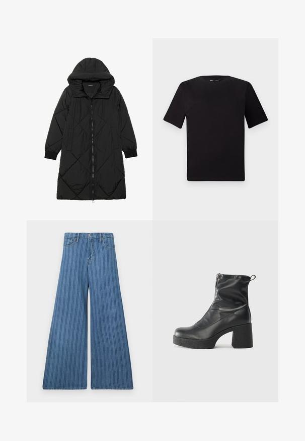 Abrigo acolchado negro con capucha, que cuenta con cierre de cremallera, bolsillos laterales y puños elásticos. Fabricado con un tejido liso y resistente al agua.; Camiseta negra de manga corta con cuello redondo, fabricada en suave algodón. Diseño simple, sin logos ni patrones visibles.; Jeans de pierna ancha en denim azul medio con rayas verticales, con cierre de botón, cinco bolsillos y detalles cosidos a lo largo de las costuras.; Botines negros de tobillo, hechos de cuero suave, con cierre lateral, tacón grueso texturizado y diseño de punta redondeada.
