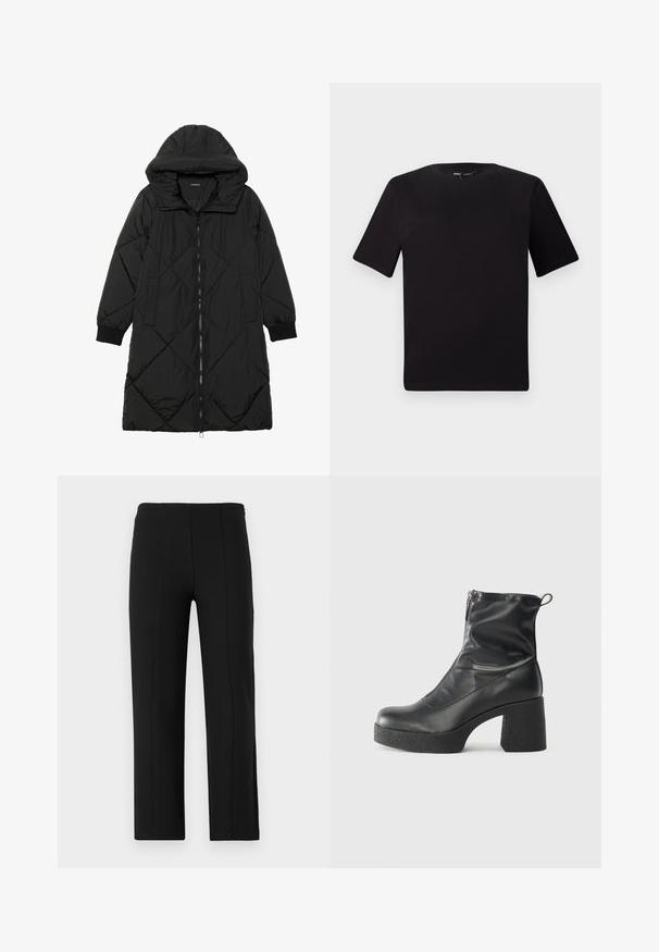 Melnas quiltētas pūkara mētelis ar kapuci, ar rāvējslēdzēja aizdari, sānu kabatām un elastīgām aprocēm. Gluda, ūdensizturīga auduma.; Melnas īsām piedurknēm T-krekls ar apaļu kakla izgriezumu, izgatavots no mīksta kokvilnas auduma. Vienkāršs dizains, bez redzamām logo vai rakstiem.; Melni bikses ar taisna kāju dizainu. Raksturīgs gluds audums, nav redzamu aizdaru, un priekšējās šuves detaļas, kas piešķir papildus struktūru.; Melni potītes zābaki, kas izgatavoti no gludas ādas, ar sānu rāvējslēdzēju, masīvu strukturētu papēdi un noapaļotu purngalu.