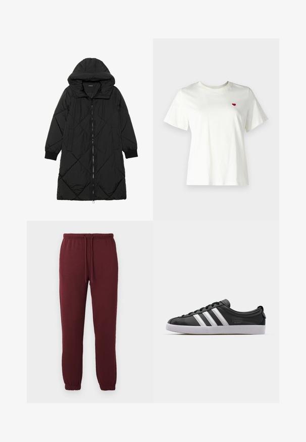 Black quilted puffer coat with a hood, featuring a zip closure, side pockets, and elastic cuffs. Smooth, water-resistant fabric.; White cotton t-shirt featuring short sleeves and a round neck, with a small red heart embroidered on the left chest area.; Burgundy jogger pants with elastic waistband, drawstring, side pockets, and elastic cuffs against a plain white background.; Black leather sneaker with white three-stripe design, rounded toe, flat white rubber sole, and branded detail on the side.