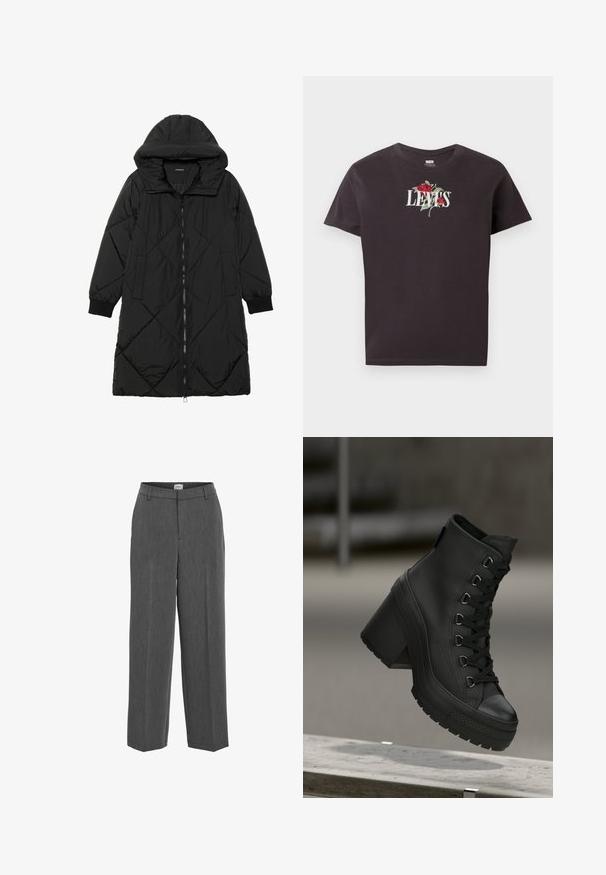 Black quilted puffer coat with a hood, featuring a zip closure, side pockets, and elastic cuffs. Smooth, water-resistant fabric.; Black cotton t-shirt featuring white embroidered "LEVI'S" text with a red rose and green leaves design. Short sleeves, crew neck.; Gray tailored pants with a straight-leg design, flat front, and subtle texture. Features a waistband with belt loops and no visible pockets.; Black high-top platform boots with a textured leather finish, front lacing, and chunky heel. Features a rubber sole with distinct tread patterns.