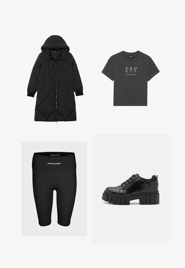 Črna prešita puffer jakna s kapuco, ki ima zadrgo, stranske žepe in elastične manšete. Gladek, vodoodporen material.; T-maica v ogljeno sivi barvi, izdelana iz mehkega bombaža, z belimi vezenimi rožami in napisom "goji pozitivne misli" pod dizajnom.; Črne atletske kratke hlače iz raztegljive tkanine, z visokim pasom in belim logotipom "PEGADOR" spredaj.; Črne usnjene platforme z debelim blokastim petam, okroglo konico in klasičnim vezanjem. Imajo gladko teksturo in minimalne podrobnosti.