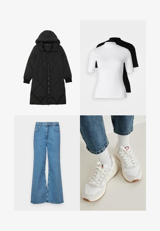 Manteau matelassé noir avec capuche, doté d'une fermeture éclair, de poches latérales et de poignets élastiques. Tissu lisse et résistant à l'eau.; Ensemble de deux hauts à col roulé ajustés en blanc et noir. Manches courtes, tissu en coton lisse et design près du corps. Sans motifs ni graphiques.; Jean flare bleu clair en denim, avec une taille haute, cinq poches et une fermeture à un bouton. Texture douce avec une finition décolorée.; Baskets blanches avec des accents beiges, des lacets et un bout de chaussure texturé. Associées à des chaussettes blanches rayées et à un jean en denim bleu retroussé.