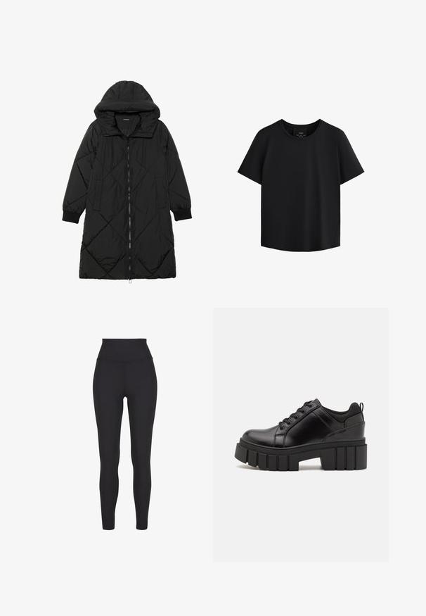 Black quilted puffer coat with a hood, featuring a zip closure, side pockets, and elastic cuffs. Smooth, water-resistant fabric.; Black short-sleeve top with a round neckline, crafted from smooth fabric, featuring a straight cut and subtle side seams for shaping.; High-waisted black leggings made of stretchy material, featuring a smooth texture and a form-fitting design without visible seams or patterns.; Black leather platform shoes with a chunky block heel, round toe, and traditional lace-up design. Features smooth texture and minimal detailing.