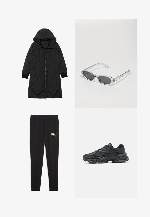 Svart vadderad jacka med huva, med dragkedja, sidofickor och elastiska ärmslut. Slät, vattenavvisande tyg.; Beige bomullströja med avslappnad passform, med en vit grafisk design som säger "PUMA sportklubb" och en liten logotyp ovanför.; Svarta träningsbyxor med en gyllene Puma-logotyp. Tillverkade av mjukt tyg, de har en elastisk midja och smalnande ben med åtsittande anklar.; Svart löparsko med en kombination av mesh och syntetiska material, kraftig sula, rundad design och framträdande varumärkning på sidan.; Sunglasses med oval form, klar plastbygel, mörkgrå linser och tunna genomskinliga armar med logotypsaccent och minimalt detaljerad design.