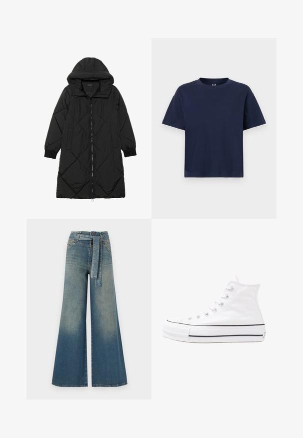 Crna tkanina sa štepom puffer kaput s kapuljačom, sa zatvaračem na zip, bočnim džepovima i elastičnim manžetama. Glatka, vodootporna tkanina.; Tamno plava pamučna majica s okruglim izrezom i kratkim rukavima, sa ležernim krojem i minimalističkim dizajnom. Bez uzoraka ili akcenata.; Široke traperice s gradijentom od svijetloplave do tamnoplave, visokog struka, petljama za remen i remenom od istog materijala. Teksturirana traper tkanina.; Bijela visoka platnena tenisica s crnom gumenom potplatom, prednjim gumenim zaštitnikom prstiju i šest rupa za vezanje, s čistim, minimalističkim dizajnom.