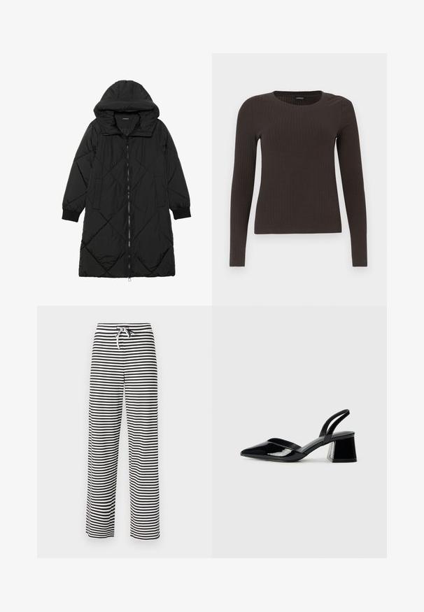 Casaco puffer acolchoado preto com capuz, apresentando um fecho de correr, bolsos laterais e punhos elásticos. Tecido suave e à prova d'água.; Top castanho de manga longa em malha com decote redondo. Feito de um material suave e elástico, apresentando um silhueta ajustada e detalhes mínimos.; Calças largas com riscas pretas e brancas e uma cintura com cordão. Material suave com um ajuste relaxado. Riscas verticais em toda a peça.; Sandy em verniz preto com salto slingback, ponta afilada e salto geométrico. Apresenta um design elegante e minimalista com textura suave.